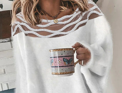 Women's Pullover Sweater Jumper Crew Neck Crochet Fuzzy Knit Imitation Mink Lace Trims Fall Winter Cropped Daily Going out Stylish Long Sleeve Solid Color White S M L