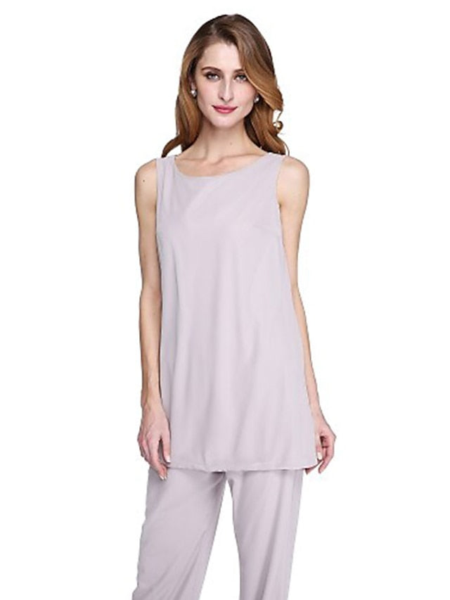 Jumpsuit / Pantsuit Mother of the Bride Dress Plus Size Elegant Bateau Neck Floor Length Chiffon Sleeveless yes with Solid Color 2023 - LuckyFash™