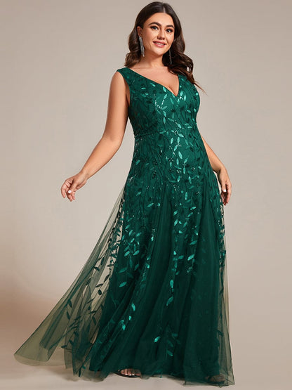 Leaf Sequin Plus Size A-Line Evening Gown for Women