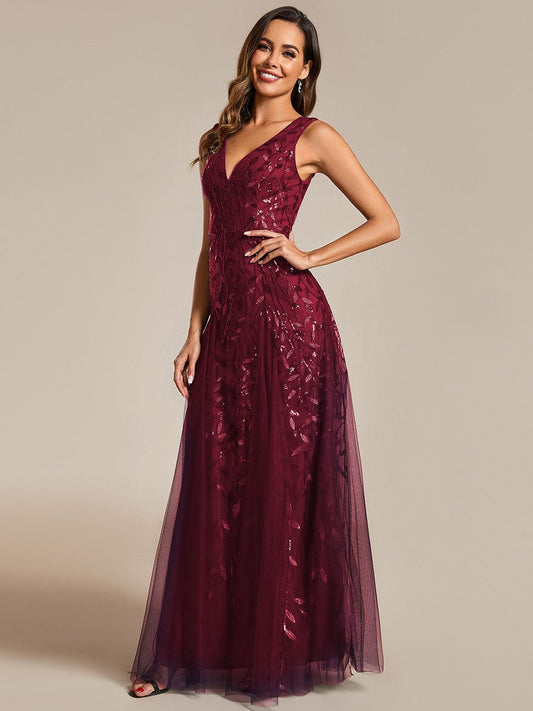 Leaf Sequin Sleeveless A-Line Evening Dress with Elegant V-Neck and Tulle