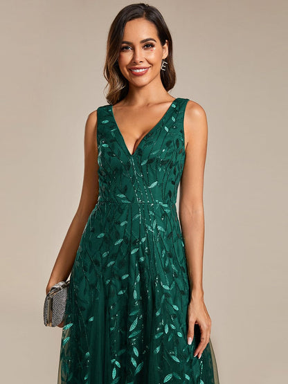 Leaf Sequin Sleeveless A-Line Evening Dress with Elegant V-Neck and Tulle