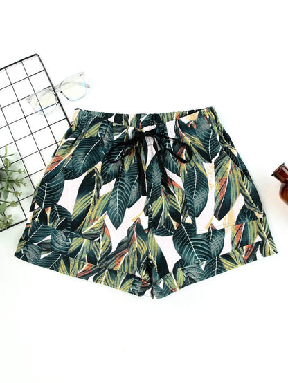 Leafy Green Drawstring Shorts with Pockets