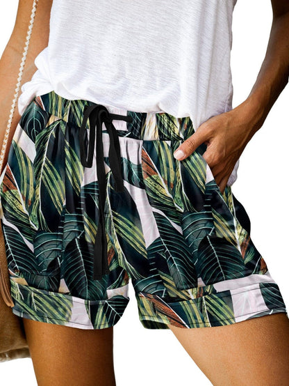 Leafy Green Drawstring Shorts with Pockets