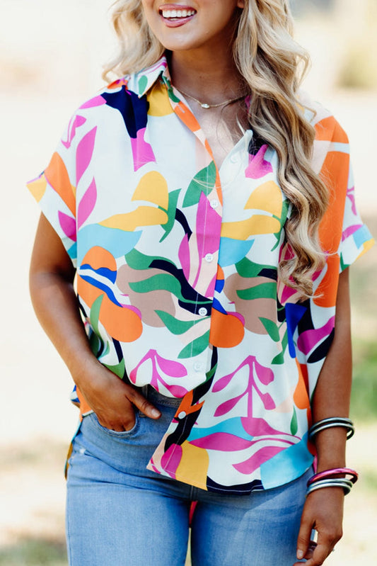 Leafy Print Short Sleeve Shirt with Abstract Design