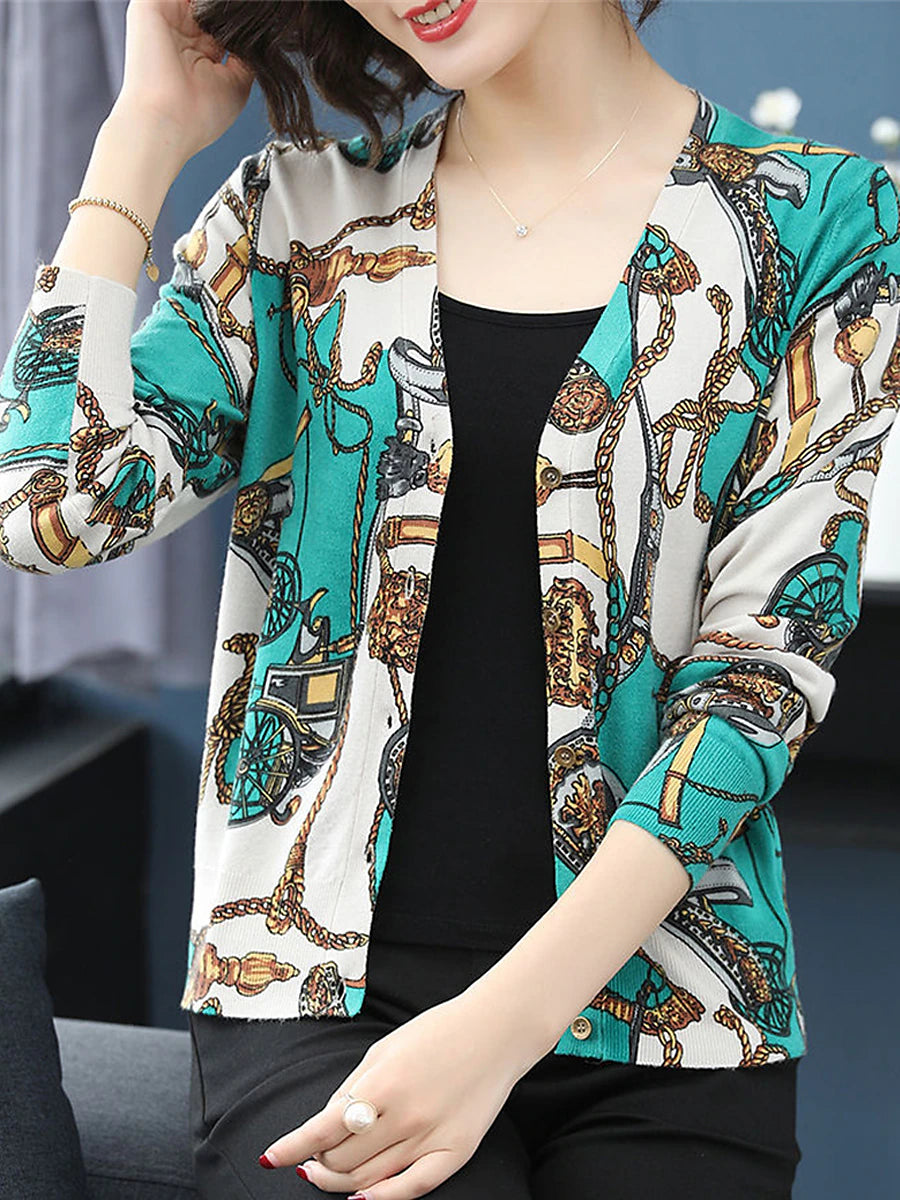 Women's Cardigan Sweater V Neck Ribbed Knit Polyester Button Print Fall Winter Outdoor Daily Holiday Stylish Casual Soft Long Sleeve Animal Floral Rose black Chain black Rose navy blue S M L