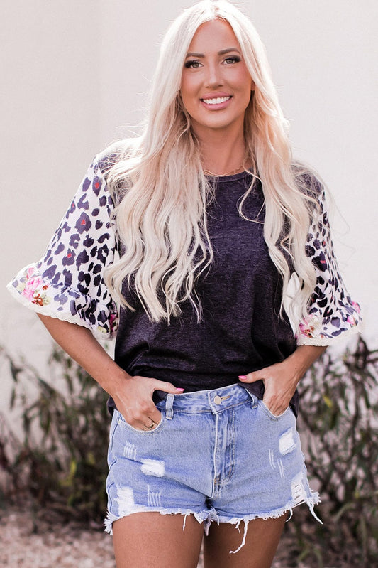 Leopard and Floral Patchwork Ruffle Sleeve Top with Southern Belle Style