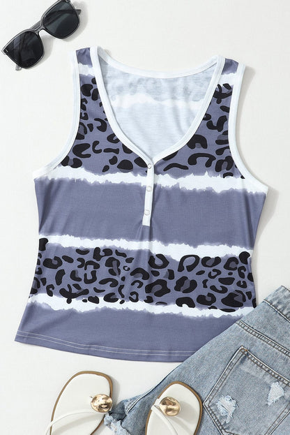 Leopard and Tie-Dye Ribbed Gray Snap Tank Top