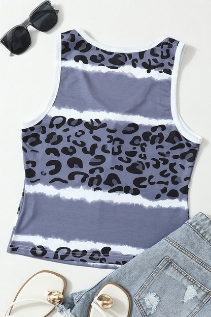 Leopard and Tie-Dye Ribbed Gray Snap Tank Top
