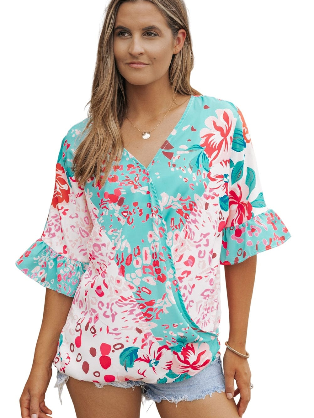 Leopard Floral Ruffle Sleeve V-Neck Surplice Blouse
