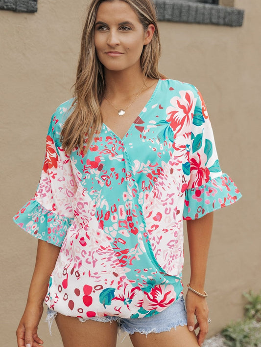 Leopard Floral Ruffle Sleeve V-Neck Surplice Blouse