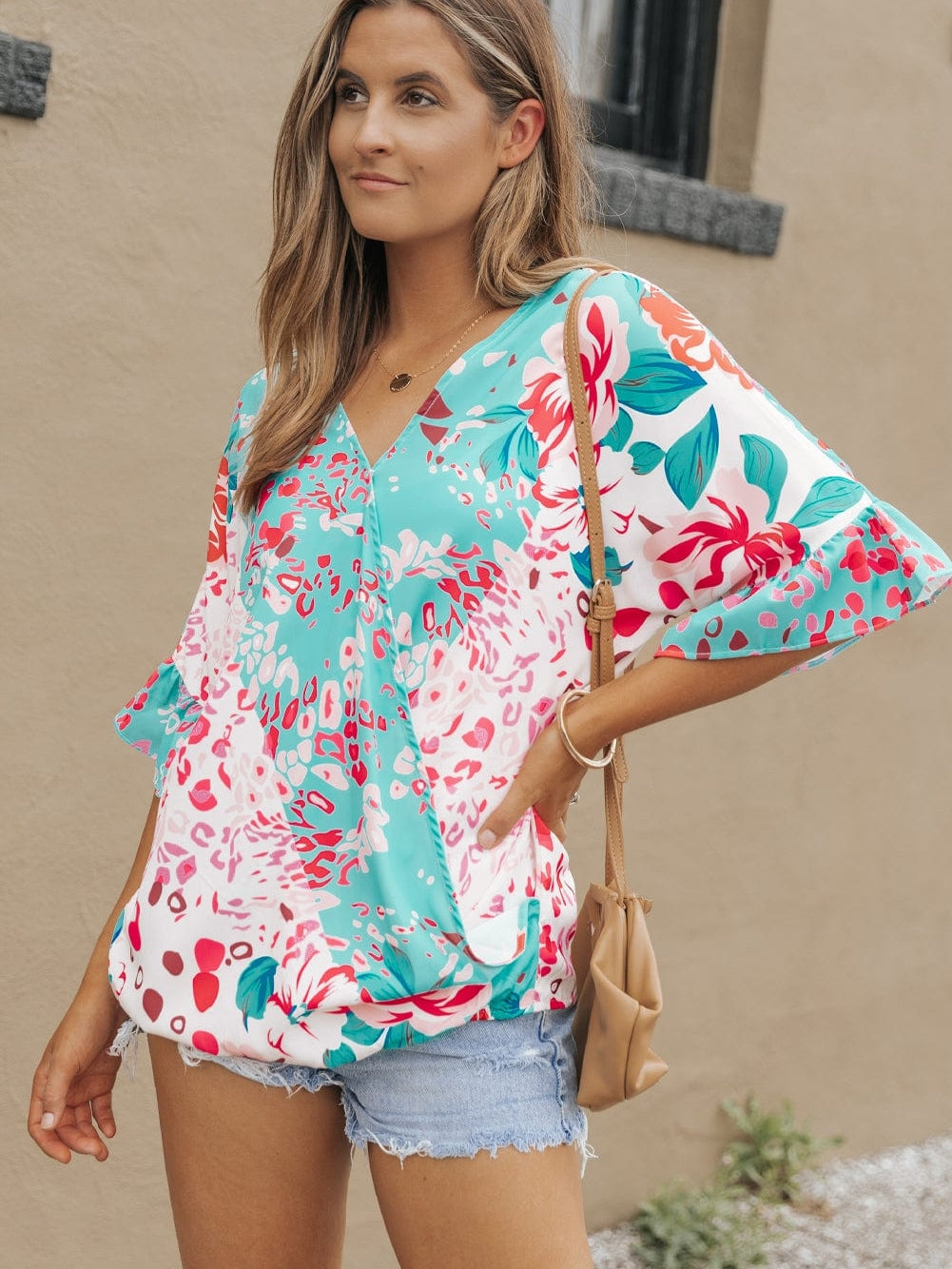 Leopard Floral Ruffle Sleeve V-Neck Surplice Blouse