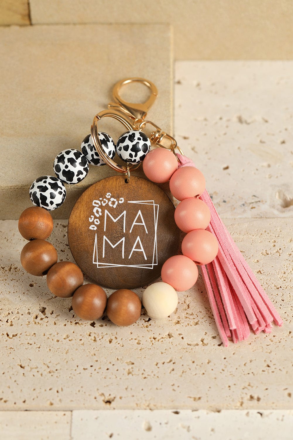 Leopard Fringe Mama Wood Beaded Keychain