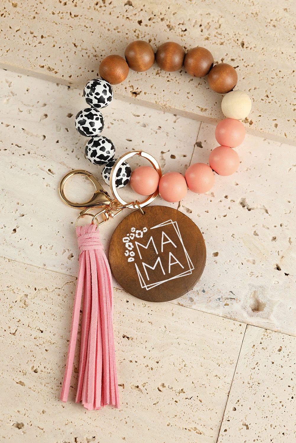 Leopard Fringe Mama Wood Beaded Keychain