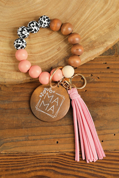 Leopard Fringe Mama Wood Beaded Keychain