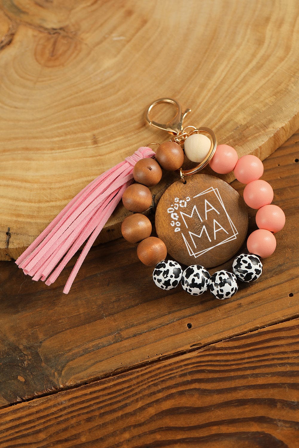 Leopard Fringe Mama Wood Beaded Keychain