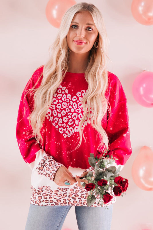 Leopard Heart Graphic Red Sweatshirt with Fiery Bleached Details