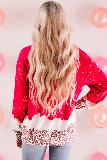Leopard Heart Graphic Red Sweatshirt with Fiery Bleached Details