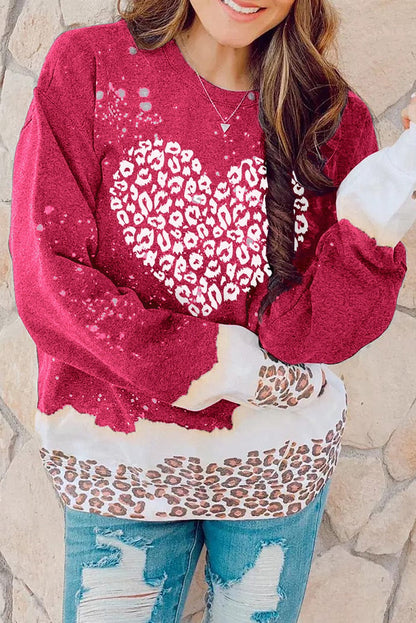 Leopard Heart Graphic Red Sweatshirt with Fiery Bleached Details