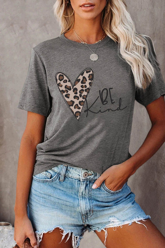 Leopard Heart Gray Be Kind Graphic T-Shirt for Women
