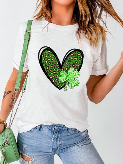 Leopard Heart Print Crewneck Tee with White Clover Design