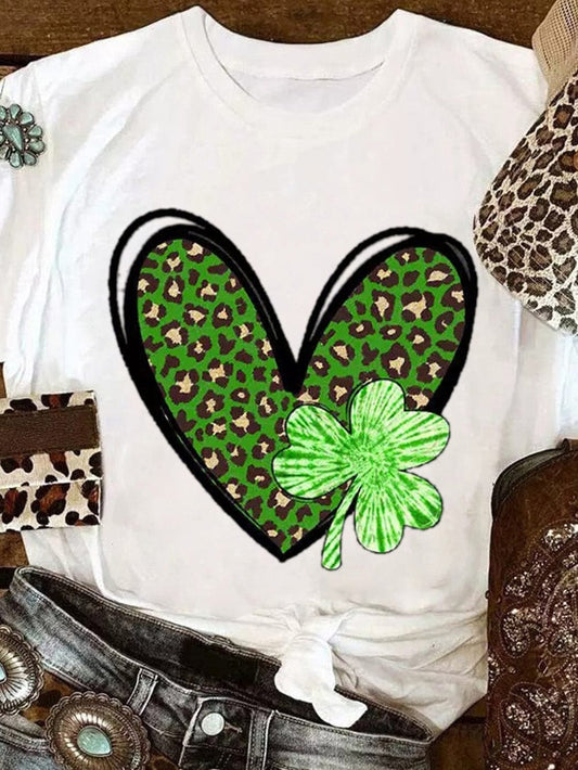 Leopard Heart Print Crewneck Tee with White Clover Design