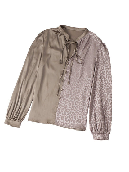 Leopard Jacquard Satin Blouse in Light French Beige