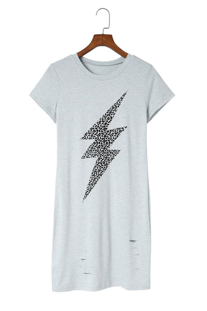 Leopard Lightning Print Distressed Gray T-shirt Dress