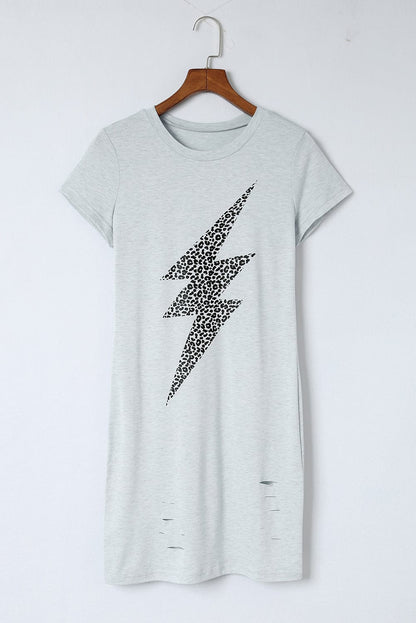 Leopard Lightning Print Distressed Gray T-shirt Dress