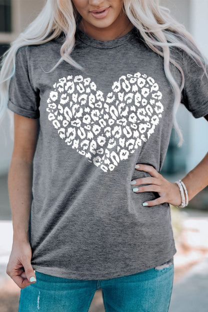 Leopard Love Heart Graphic Tee with Gray Kiss Print