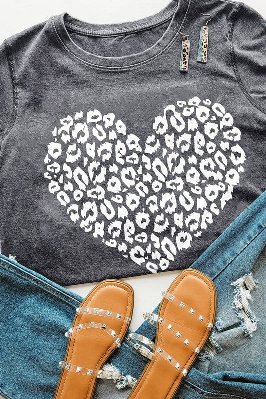 Leopard Love Heart Graphic Tee with Gray Kiss Print