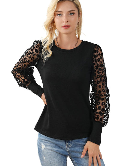 Leopard Mesh Patchwork Sheath Top with Puff Sleeves