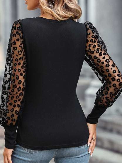 Leopard Mesh Patchwork Sheath Top with Puff Sleeves