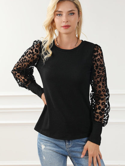 Leopard Mesh Patchwork Sheath Top with Puff Sleeves