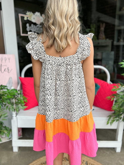 Leopard Patchwork Flutter Sleeve Square Neck Mini Dress