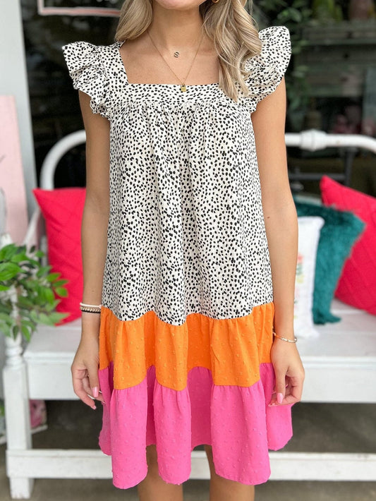 Leopard Patchwork Flutter Sleeve Square Neck Mini Dress