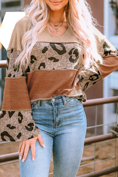 Leopard Patchwork V-Neck Knit Top with Loose Sleeves