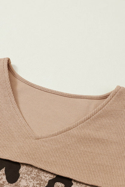 Leopard Patchwork V-Neck Knit Top with Loose Sleeves