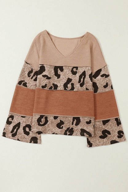 Leopard Patchwork V-Neck Knit Top with Loose Sleeves