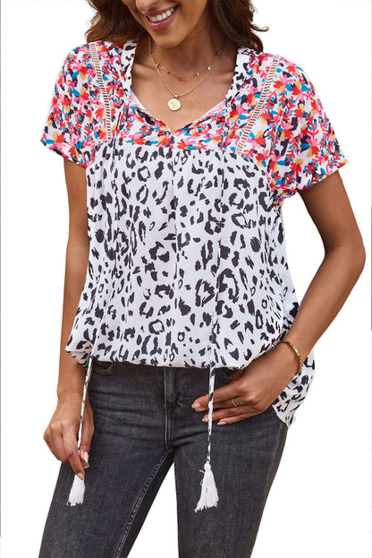 Leopard Patchwork V-Neck Tassel Blouse