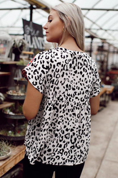 Leopard Patchwork V-Neck Tassel Blouse