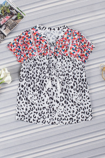 Leopard Patchwork V-Neck Tassel Blouse