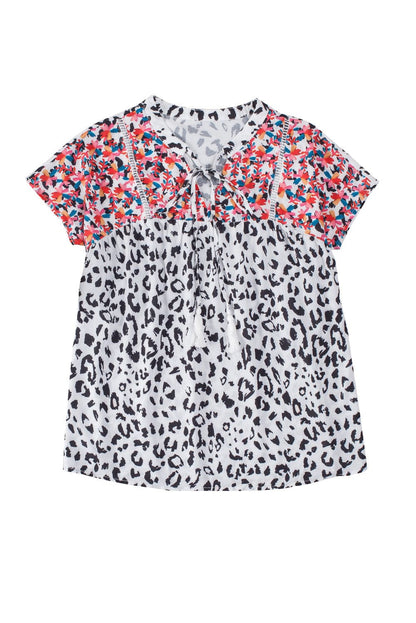 Leopard Patchwork V-Neck Tassel Blouse