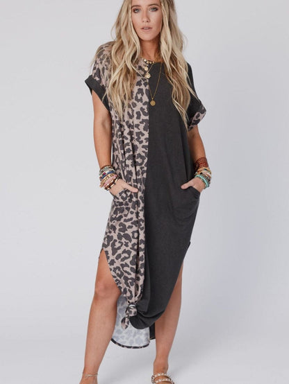 Leopard Print Black T-shirt Dress with Side Slits