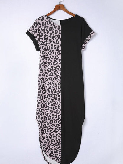 Leopard Print Black T-shirt Dress with Side Slits