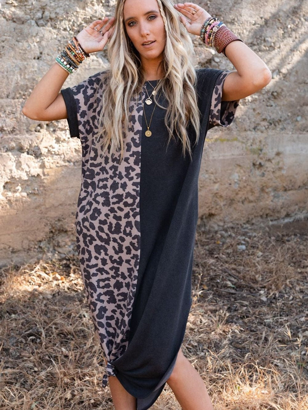 Leopard Print Black T-shirt Dress with Side Slits