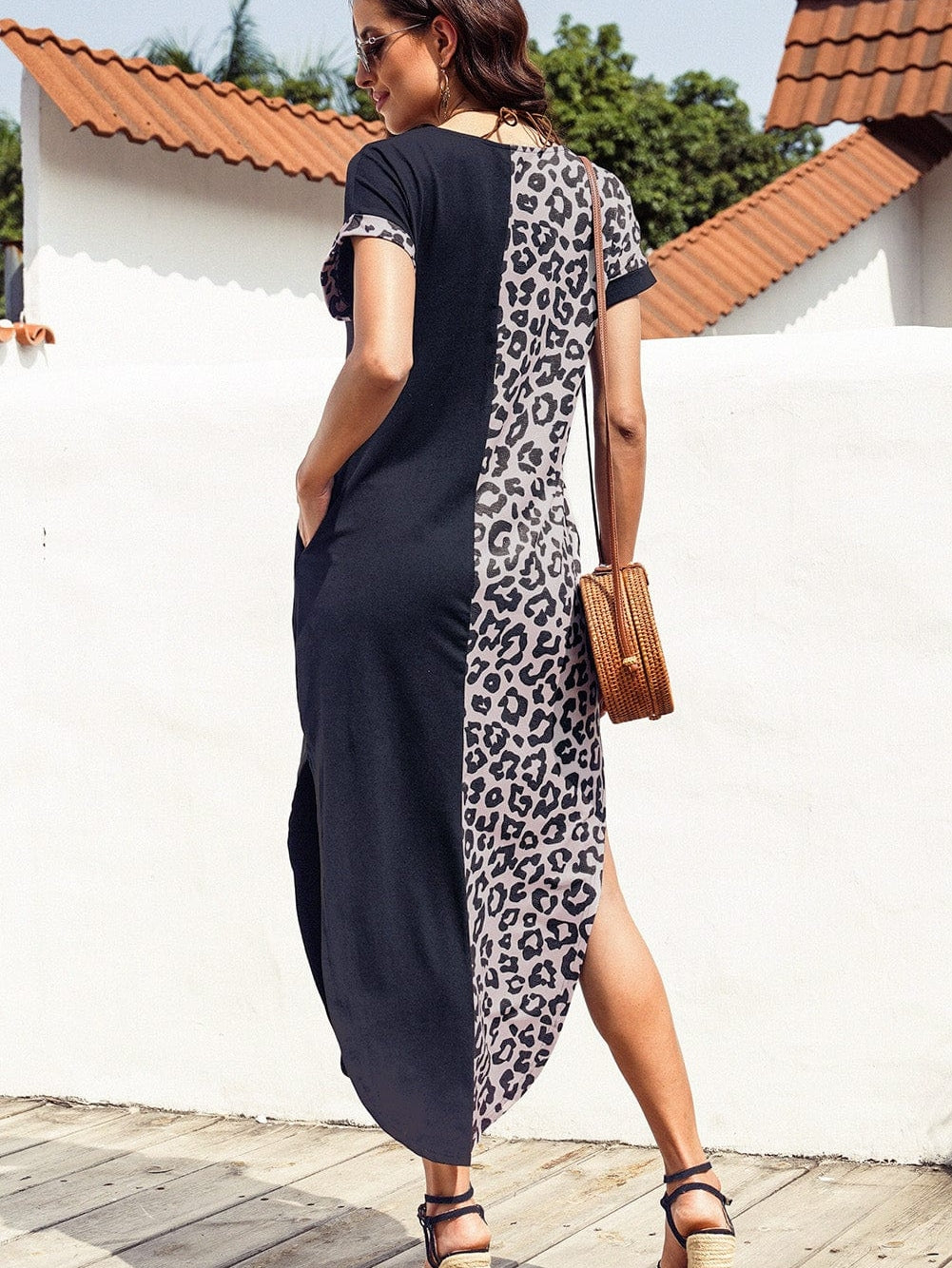 Leopard Print Black T-shirt Dress with Side Slits
