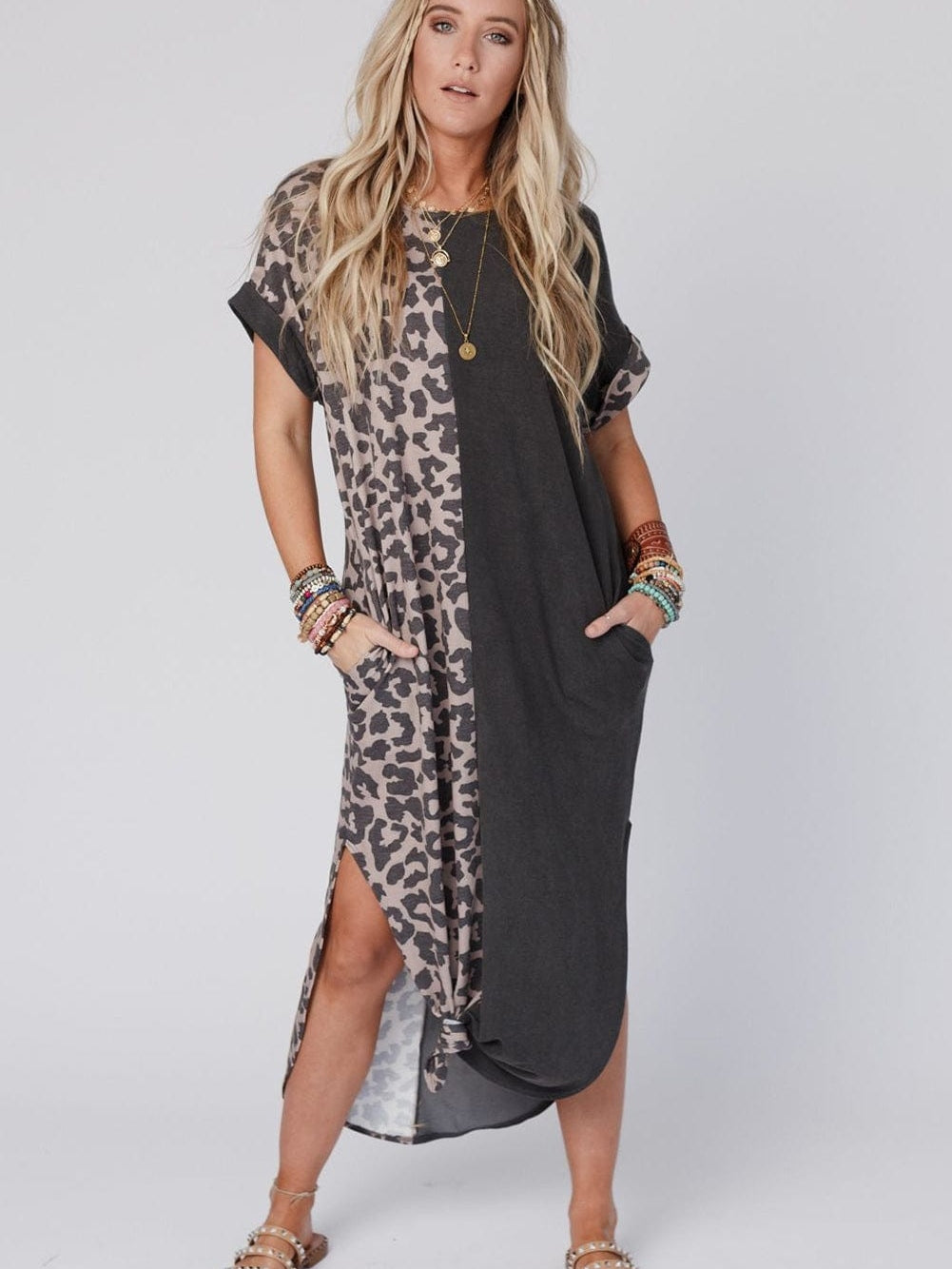 Leopard Print Black T-shirt Dress with Side Slits