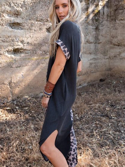 Leopard Print Black T-shirt Dress with Side Slits