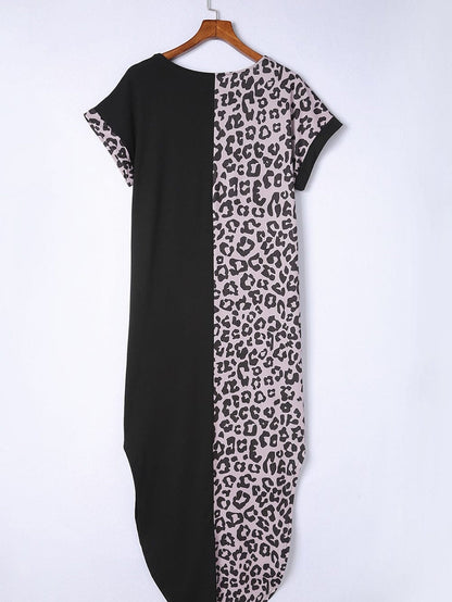 Leopard Print Black T-shirt Dress with Side Slits