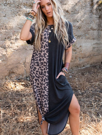 Leopard Print Black T-shirt Dress with Side Slits